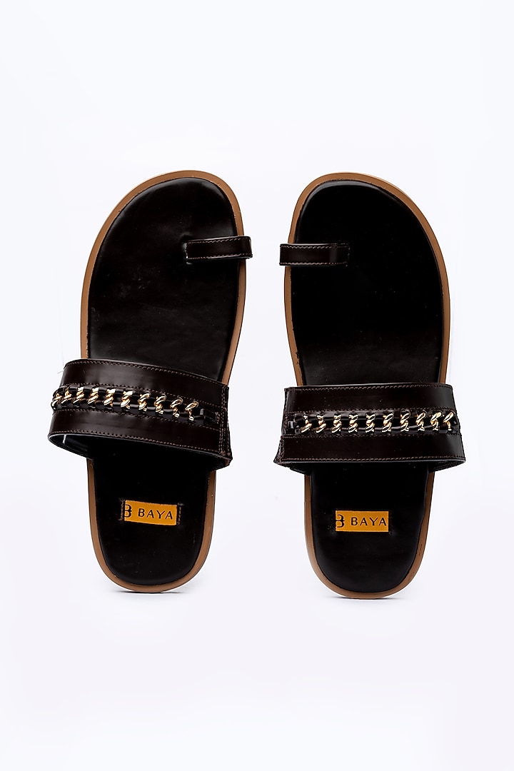 Brown Faux Leather Handmade Slides by Baya