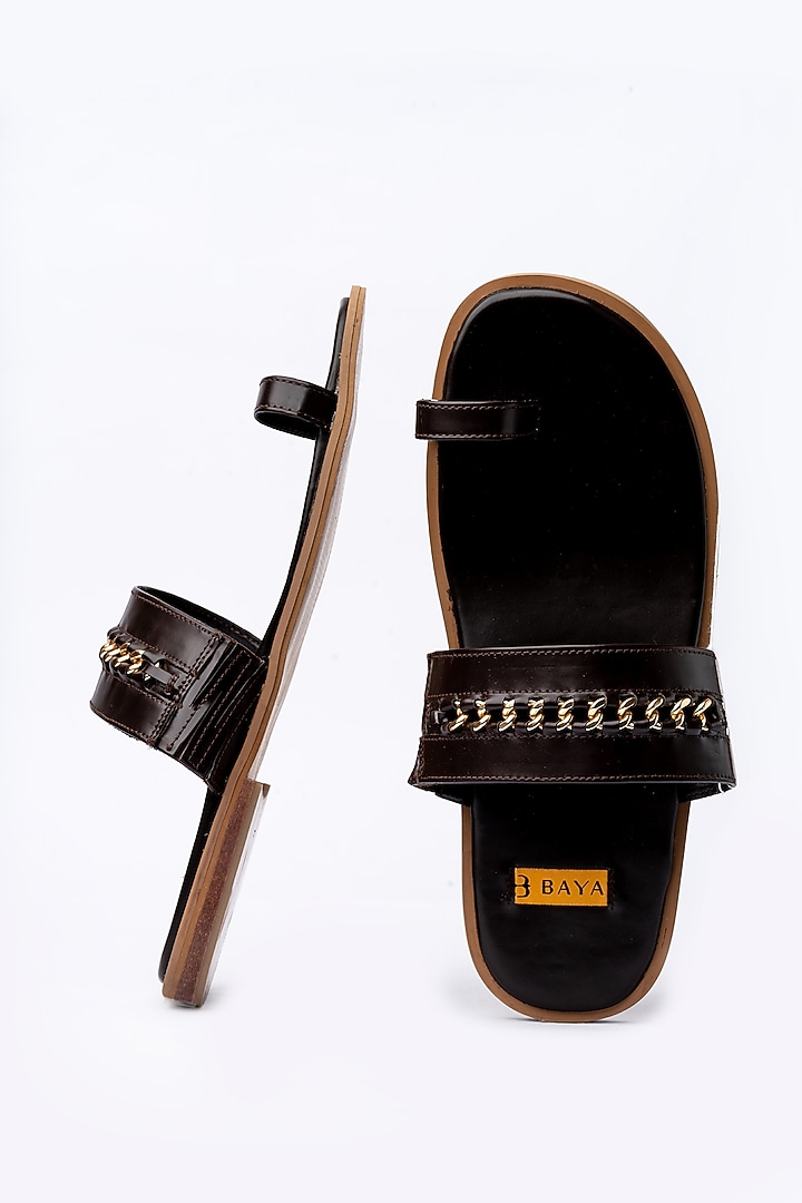 Brown Faux Leather Handmade Slides by Baya at Pernia's Pop Up Shop