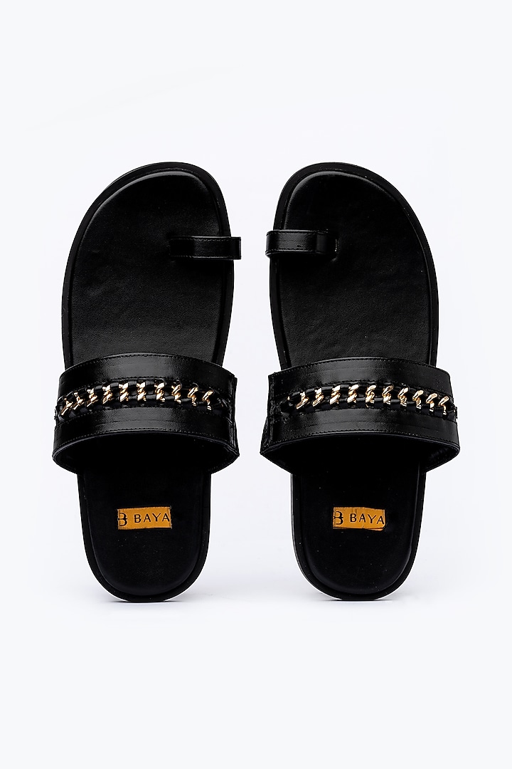 Black Faux Leather Handmade Slides by Baya at Pernia's Pop Up Shop