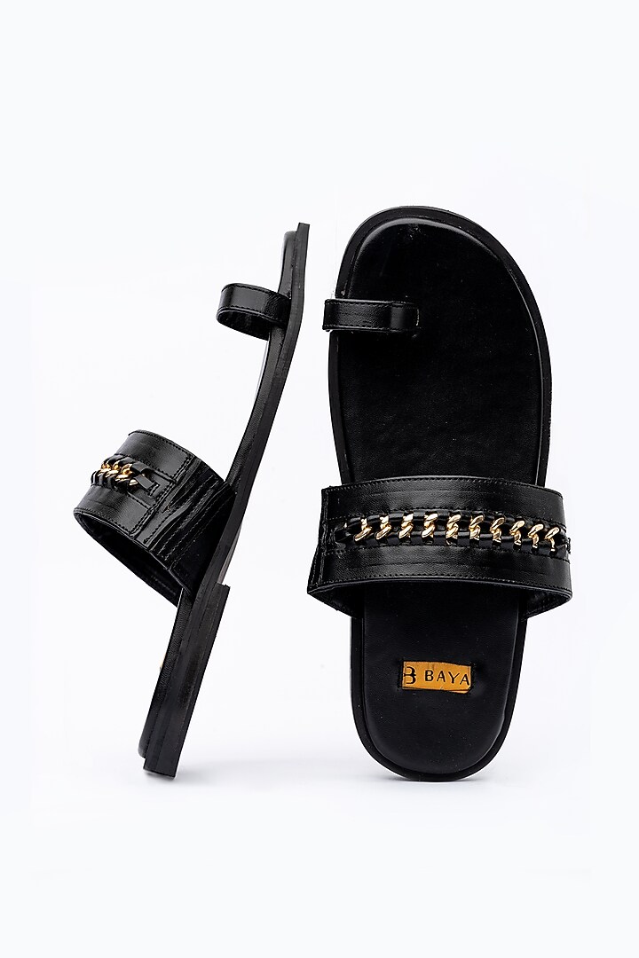 Black Faux Leather Handmade Slides by Baya at Pernia's Pop Up Shop