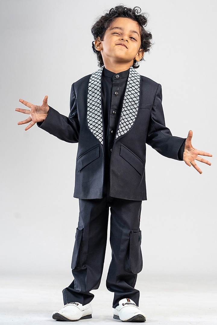 Black Premium Cotton Suiting Pearl Work Blazer Set For Boys by BAYA COUTURE at Pernia's Pop Up Shop