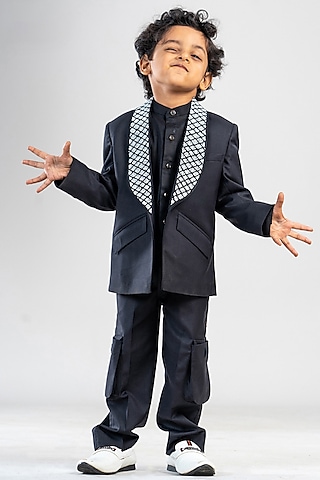 Black Premium Cotton Suiting Pearl Work Blazer Set For Boys by BAYA COUTURE