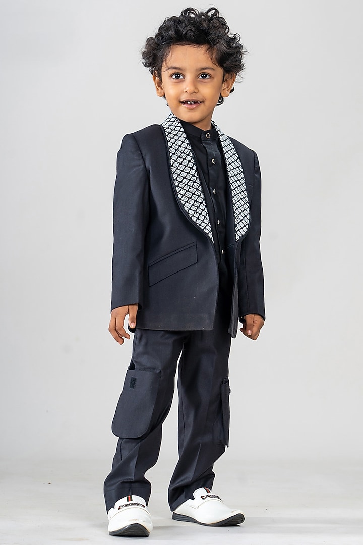 Black Premium Cotton Suiting Pearl Work Blazer Set For Boys by BAYA COUTURE at Pernia's Pop Up Shop