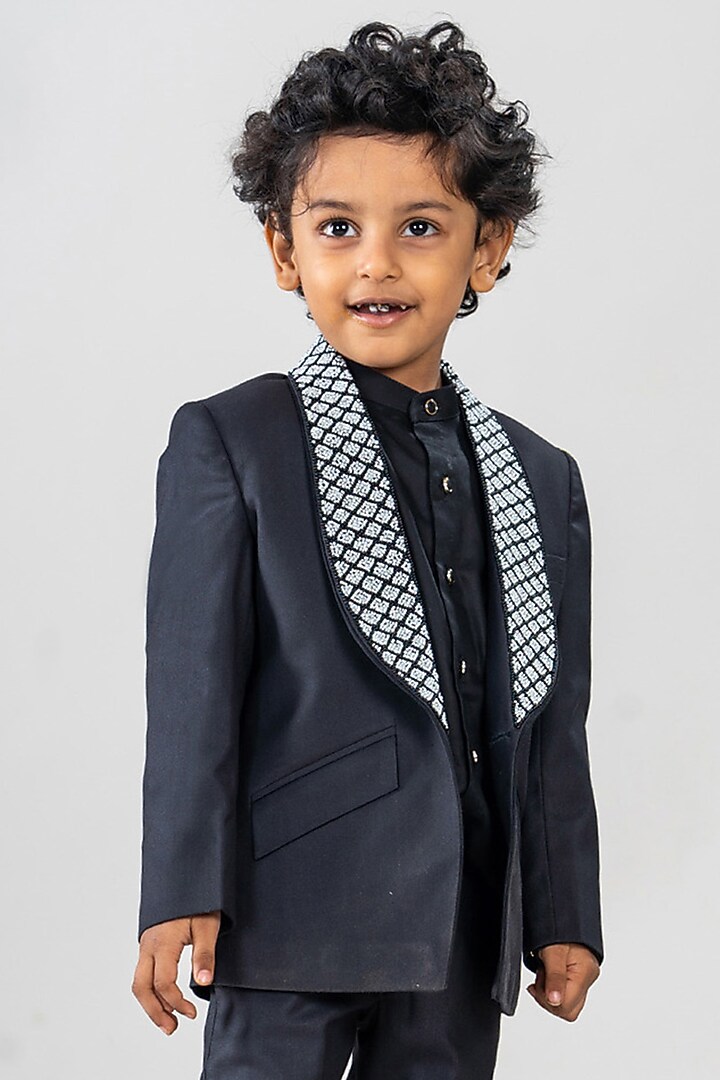 Black Premium Cotton Suiting Pearl Work Blazer Set For Boys by BAYA COUTURE at Pernia's Pop Up Shop