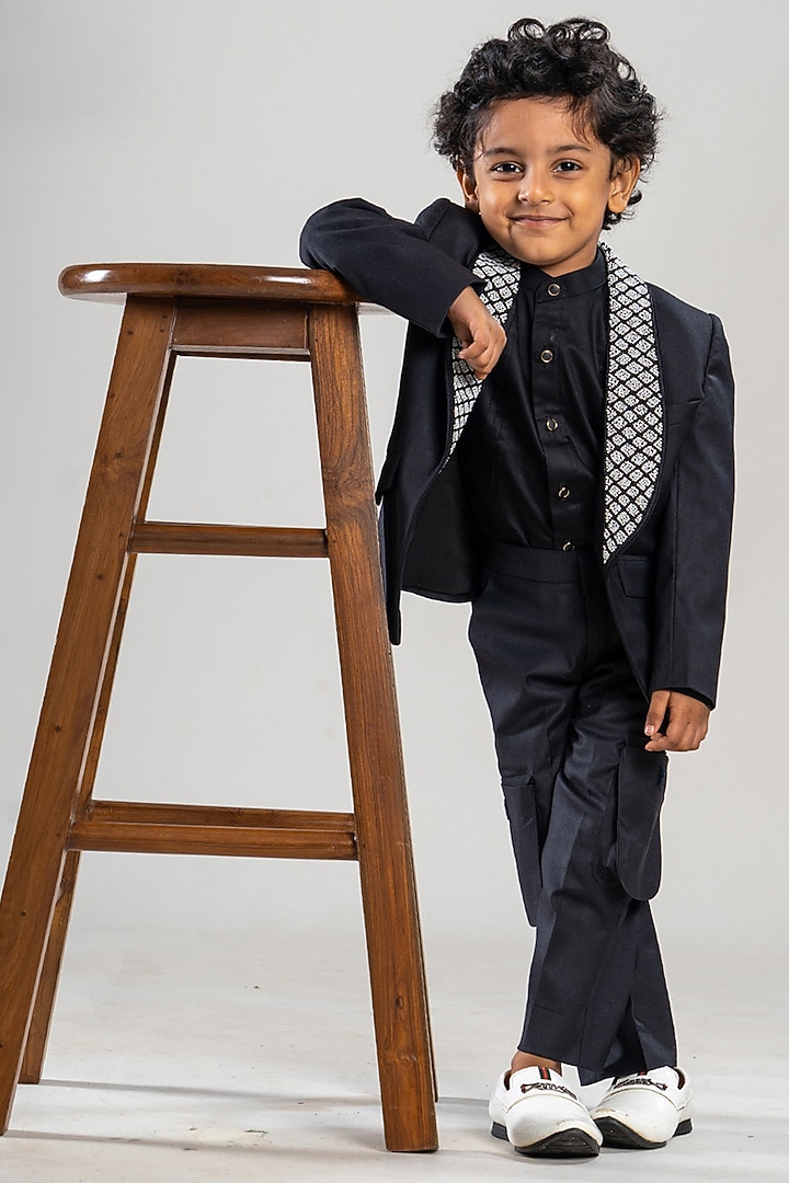 Black Premium Cotton Suiting Pearl Work Blazer Set For Boys by BAYA COUTURE at Pernia's Pop Up Shop