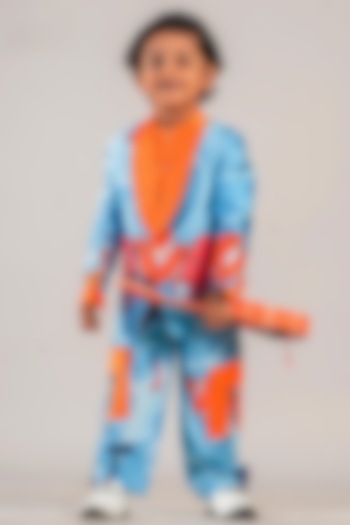 Turquoise Blue & Orange Polyester Satin Printed Blazer Set For Boys by BAYA COUTURE at Pernia's Pop Up Shop
