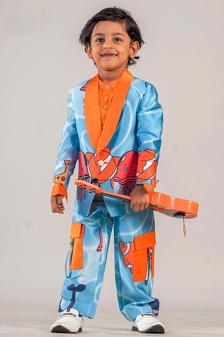 Turquoise Blue & Orange Polyester Satin Printed Blazer Set For Boys by BAYA COUTURE at Pernia's Pop Up Shop