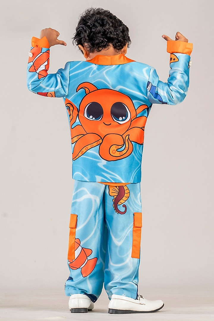 Turquoise Blue & Orange Polyester Satin Printed Blazer Set For Boys by BAYA COUTURE at Pernia's Pop Up Shop