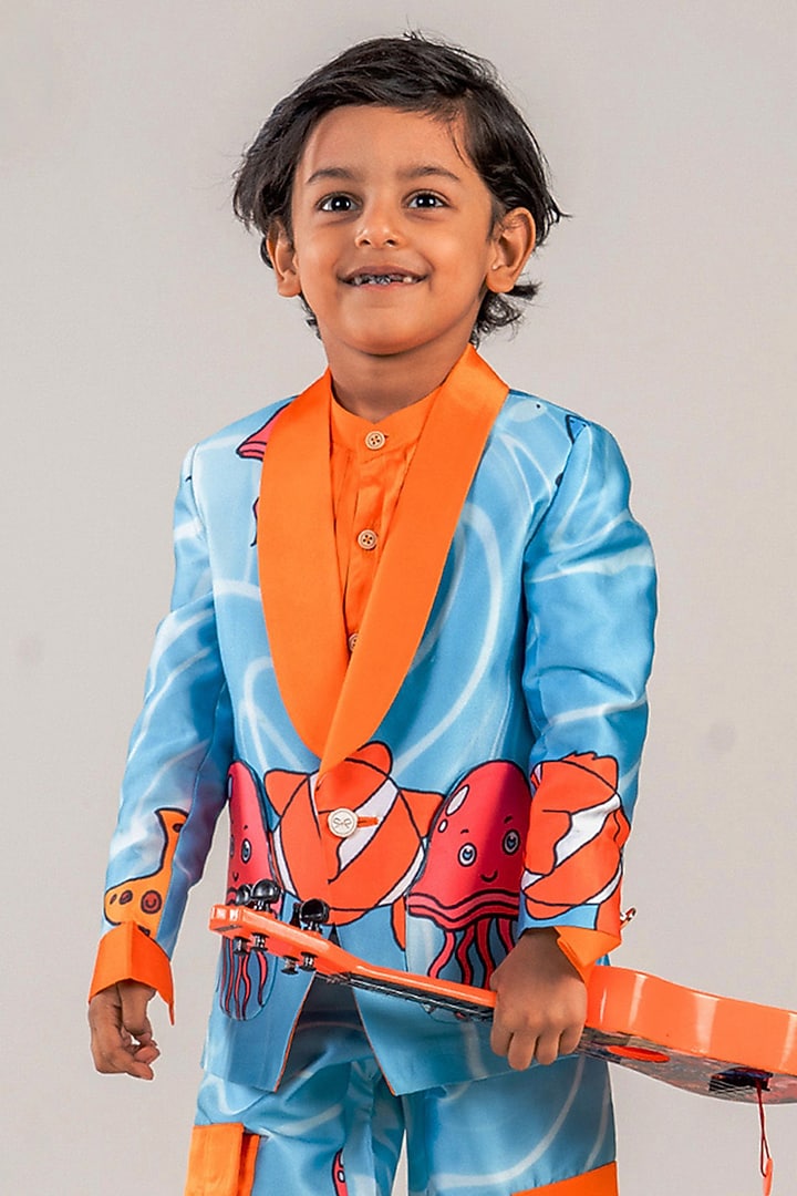 Turquoise Blue & Orange Polyester Satin Printed Blazer Set For Boys by BAYA COUTURE at Pernia's Pop Up Shop