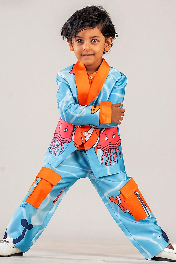 Turquoise Blue & Orange Polyester Satin Printed Blazer Set For Boys by BAYA COUTURE at Pernia's Pop Up Shop