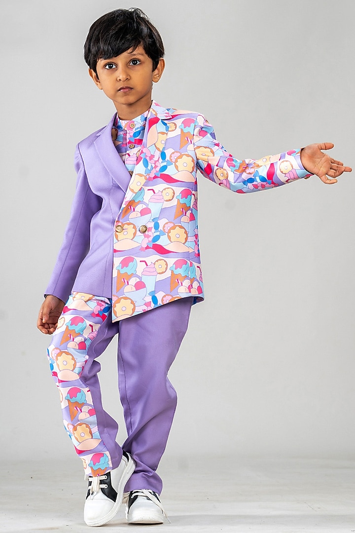 Lilac Polyester Satin Printed Blazer Set For Boys by BAYA COUTURE at Pernia's Pop Up Shop