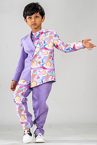 Lilac Polyester Satin Printed Blazer Set For Boys by BAYA COUTURE