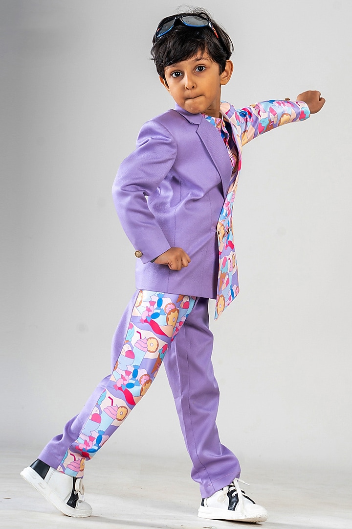 Lilac Polyester Satin Printed Blazer Set For Boys by BAYA COUTURE at Pernia's Pop Up Shop