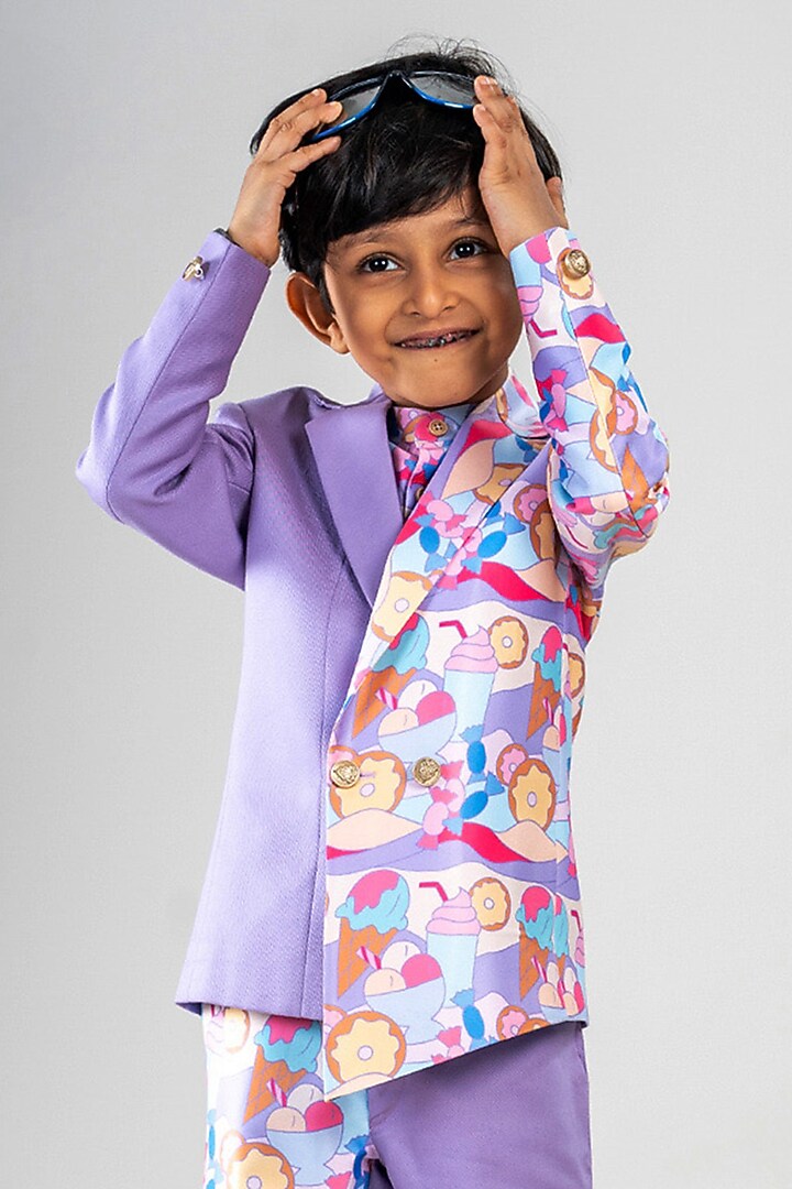 Lilac Polyester Satin Printed Blazer Set For Boys by BAYA COUTURE at Pernia's Pop Up Shop