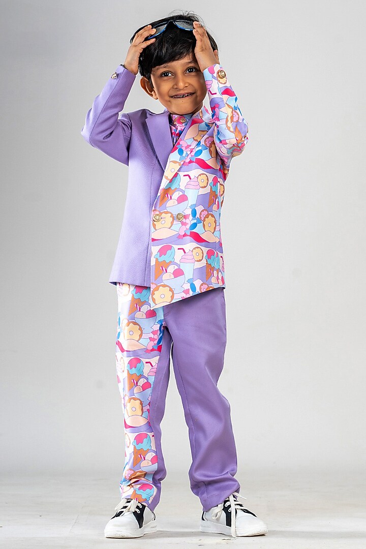 Lilac Polyester Satin Printed Blazer Set For Boys by BAYA COUTURE at Pernia's Pop Up Shop
