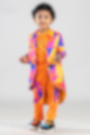 Orange Premium Satin Suiting Printed High-Low Coat Set For Boys by BAYA COUTURE at Pernia's Pop Up Shop