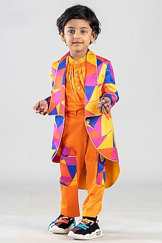 Orange Premium Satin Suiting Printed High-Low Coat Set For Boys by BAYA COUTURE