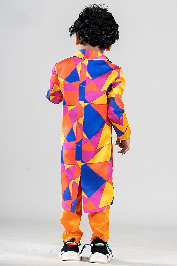 Orange Premium Satin Suiting Printed High-Low Coat Set For Boys by BAYA COUTURE at Pernia's Pop Up Shop