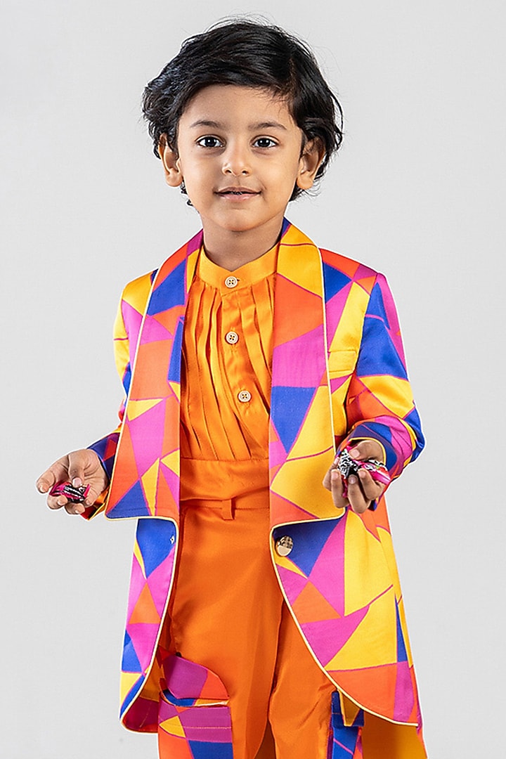 Orange Premium Satin Suiting Printed High-Low Coat Set For Boys by BAYA COUTURE at Pernia's Pop Up Shop
