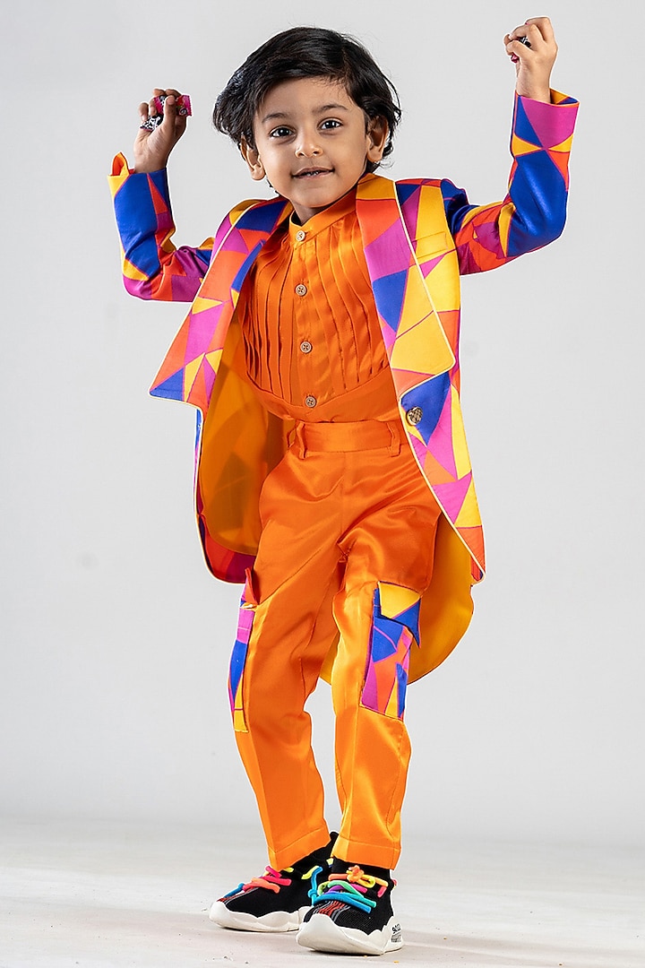 Orange Premium Satin Suiting Printed High-Low Coat Set For Boys by BAYA COUTURE at Pernia's Pop Up Shop