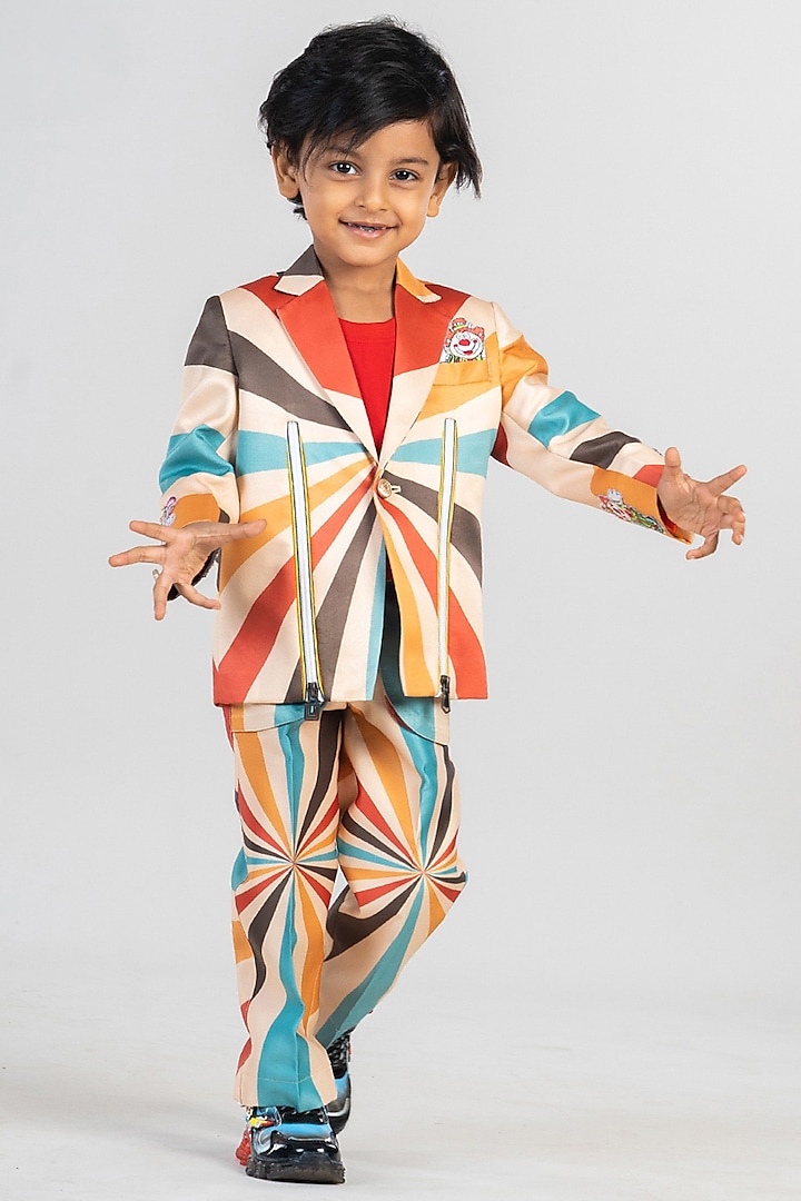 Multi-Colored Satin Printed & Applique Embroidered Blazer Set For Boys by BAYA COUTURE at Pernia's Pop Up Shop