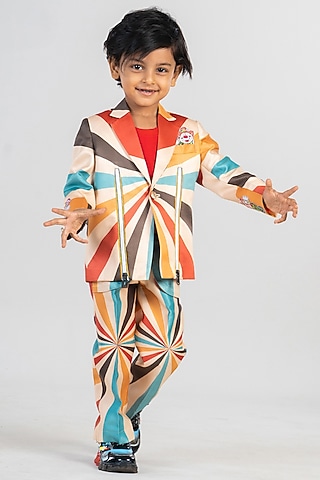 Multi-Colored Satin Printed & Applique Embroidered Blazer Set For Boys by BAYA COUTURE