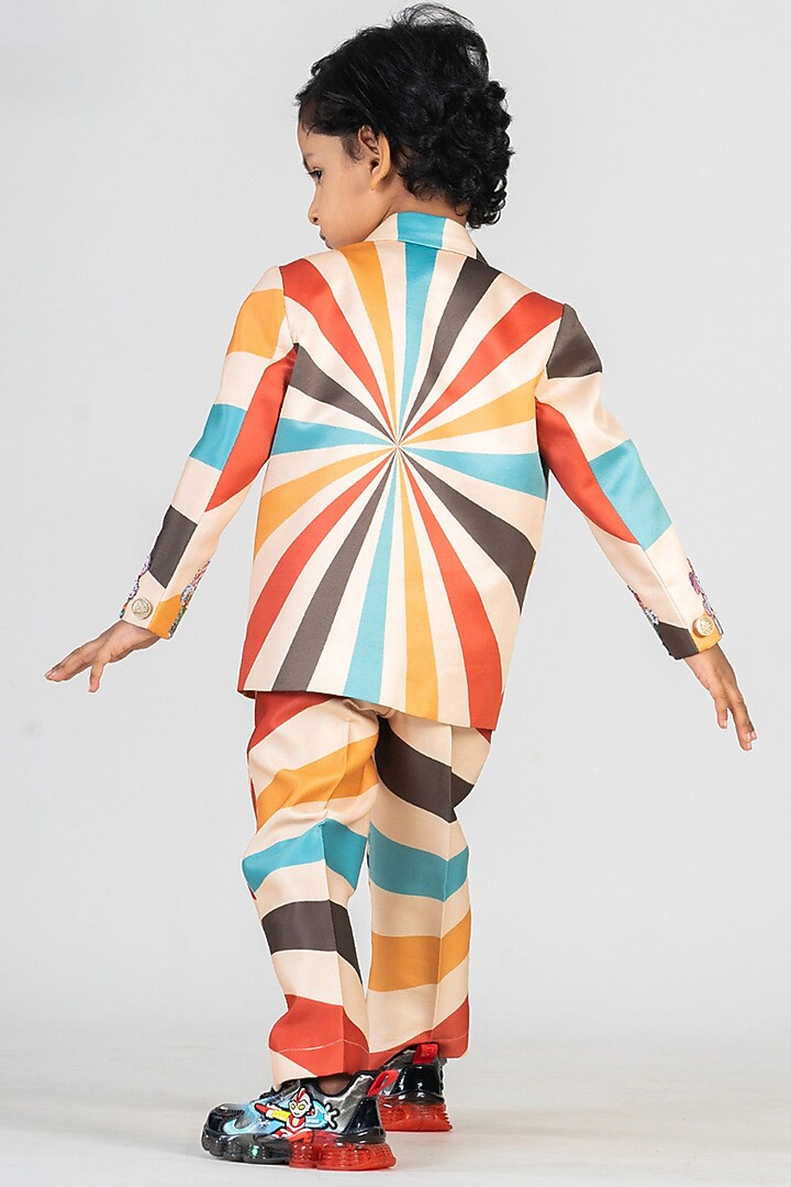 Multi-Colored Satin Printed & Applique Embroidered Blazer Set For Boys by BAYA COUTURE at Pernia's Pop Up Shop