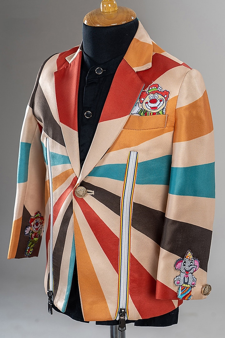 Multi-Colored Satin Printed & Applique Embroidered Blazer Set For Boys by BAYA COUTURE at Pernia's Pop Up Shop