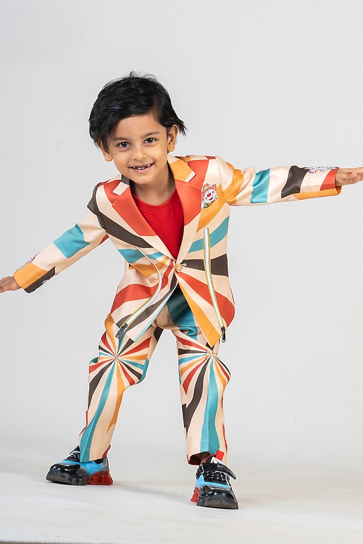Multi-Colored Satin Printed & Applique Embroidered Blazer Set For Boys by BAYA COUTURE at Pernia's Pop Up Shop