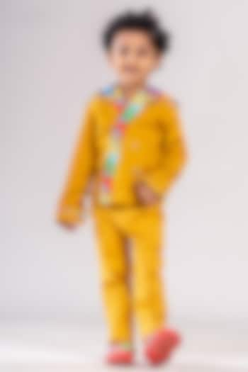 Yellow Premium Cotton Suiting Printed Hoodie Blazer Set For Boys by BAYA COUTURE at Pernia's Pop Up Shop