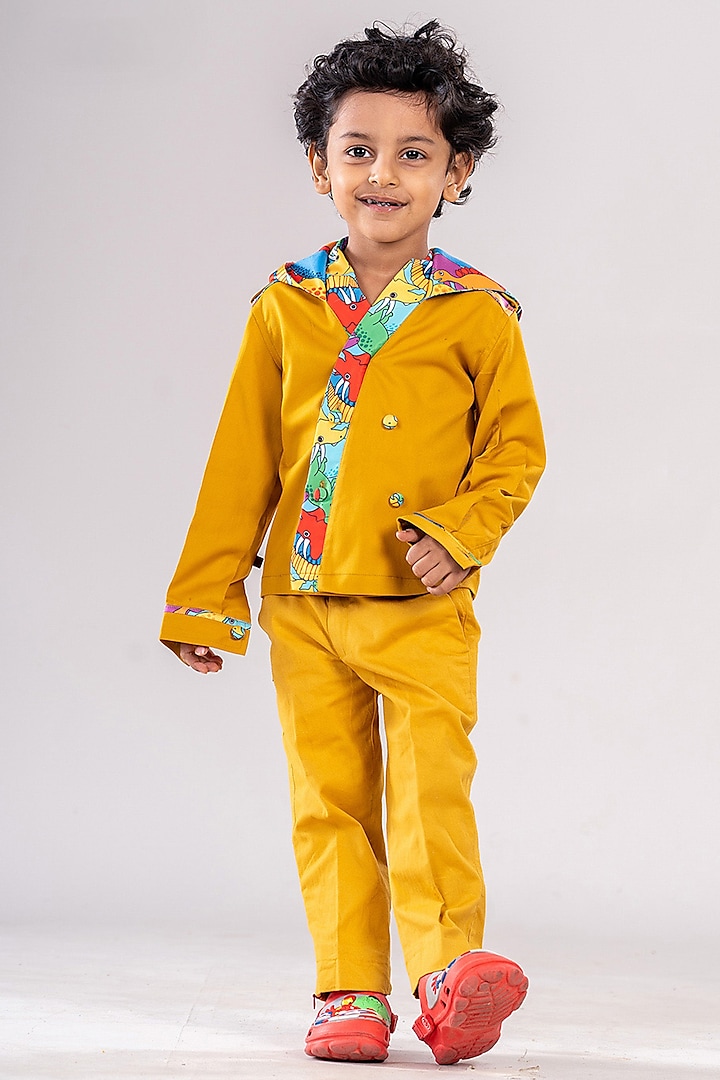 Yellow Premium Cotton Suiting Printed Hoodie Blazer Set For Boys by BAYA COUTURE at Pernia's Pop Up Shop