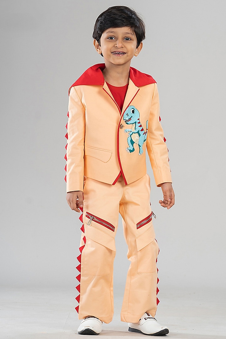 Peach Premium Cotton Suiting Hand Work & Printed Blazer Set For Boys by BAYA COUTURE at Pernia's Pop Up Shop