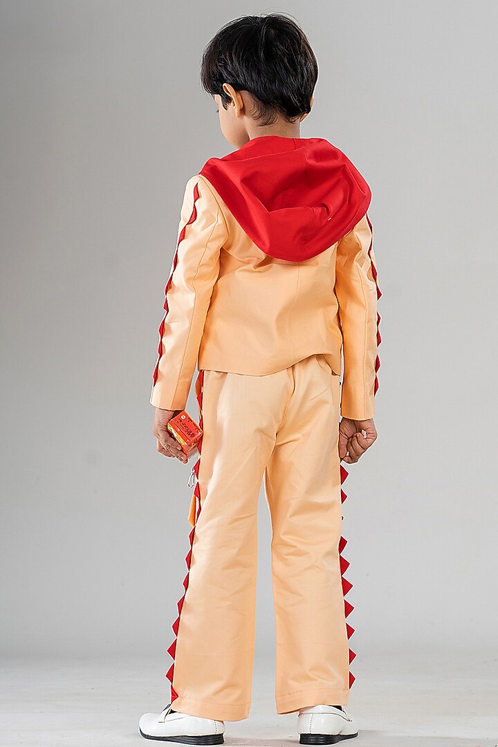 Peach Premium Cotton Suiting Hand Work & Printed Blazer Set For Boys by BAYA COUTURE at Pernia's Pop Up Shop