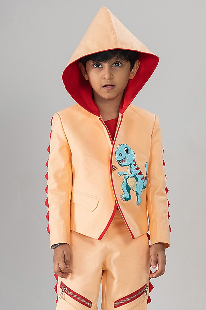 Peach Premium Cotton Suiting Hand Work & Printed Blazer Set For Boys by BAYA COUTURE at Pernia's Pop Up Shop