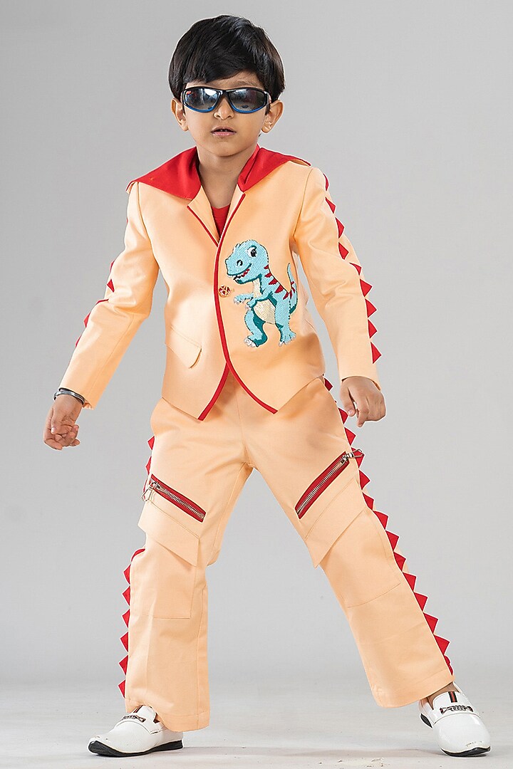 Peach Premium Cotton Suiting Hand Work & Printed Blazer Set For Boys by BAYA COUTURE at Pernia's Pop Up Shop