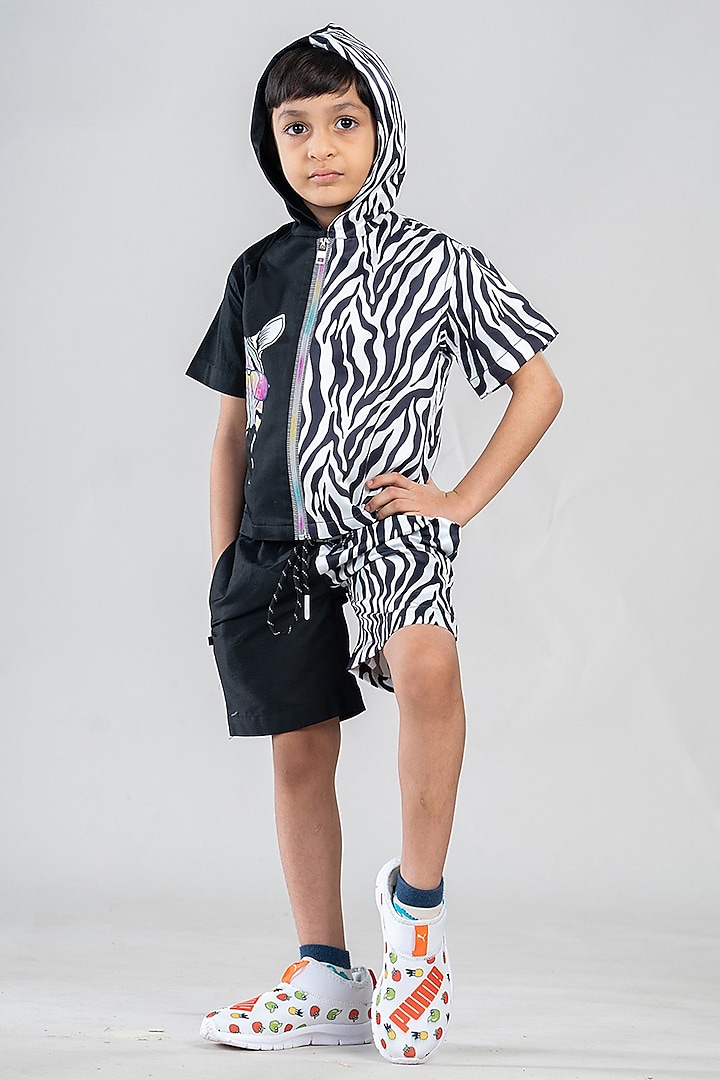 Black Cotton & Satin Printed Co-Ord Set For Boys by BAYA COUTURE at Pernia's Pop Up Shop