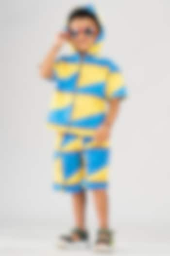 Yellow & Blue Polyester Satin Printed Co-Ord Set For Boys by BAYA COUTURE at Pernia's Pop Up Shop