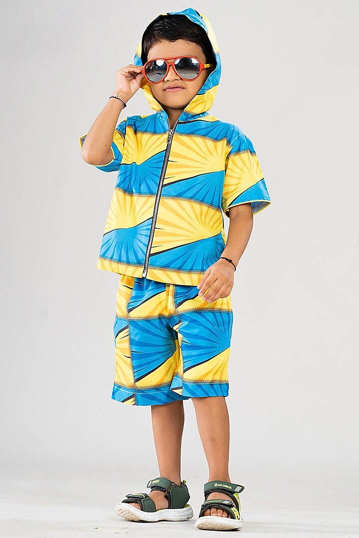 Yellow & Blue Polyester Satin Printed Co-Ord Set For Boys by BAYA COUTURE at Pernia's Pop Up Shop