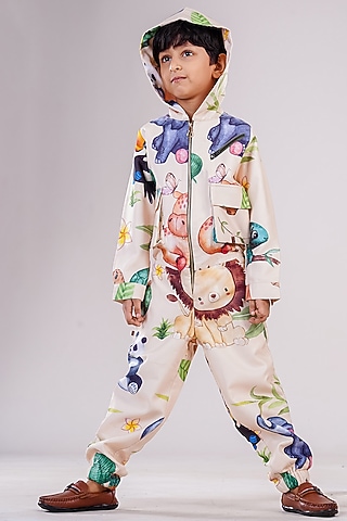 Cream Cotton Blend Printed Jumpsuit For Boys by BAYA COUTURE