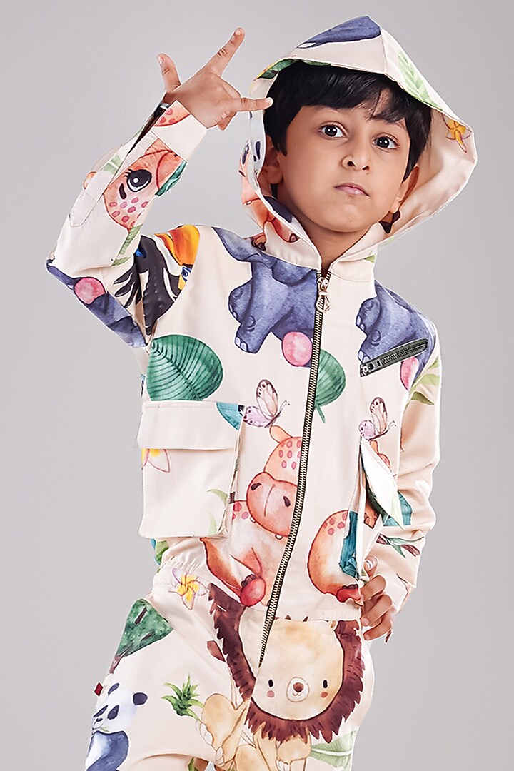 Cream Cotton Blend Printed Jumpsuit For Boys by BAYA COUTURE at Pernia's Pop Up Shop