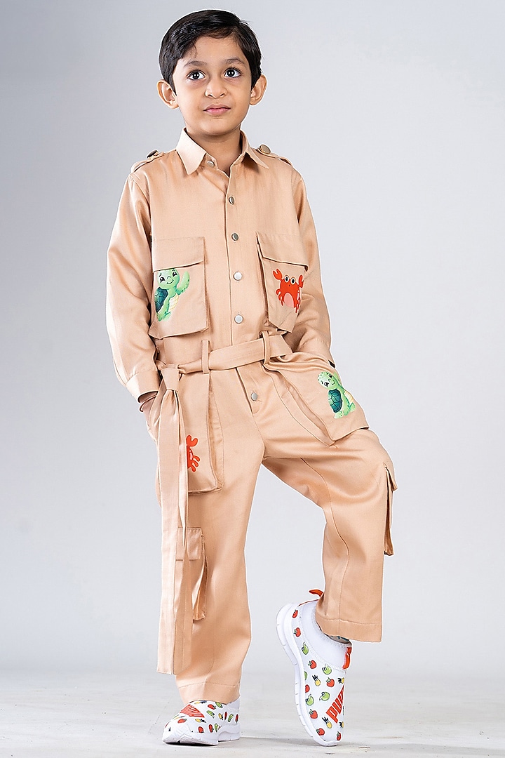 Peach Cotton Poplin Printed Jumpsuit For Boys by BAYA COUTURE at Pernia's Pop Up Shop