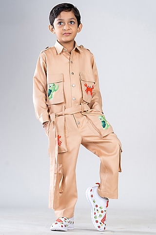 Peach Cotton Poplin Printed Jumpsuit For Boys by BAYA COUTURE