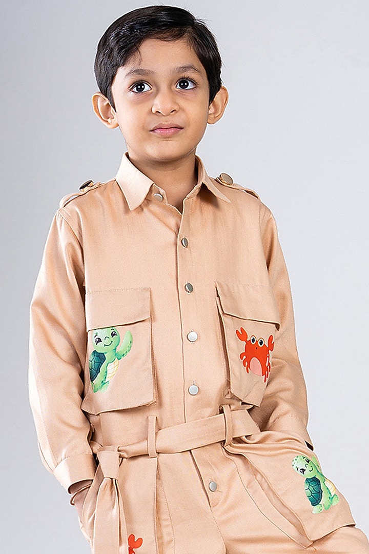 Peach Cotton Poplin Printed Jumpsuit For Boys by BAYA COUTURE at Pernia's Pop Up Shop