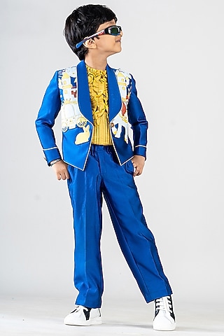 Blue Luxury Suiting Fabric Printed & Embroidered Blazer Set For Boys by BAYA COUTURE
