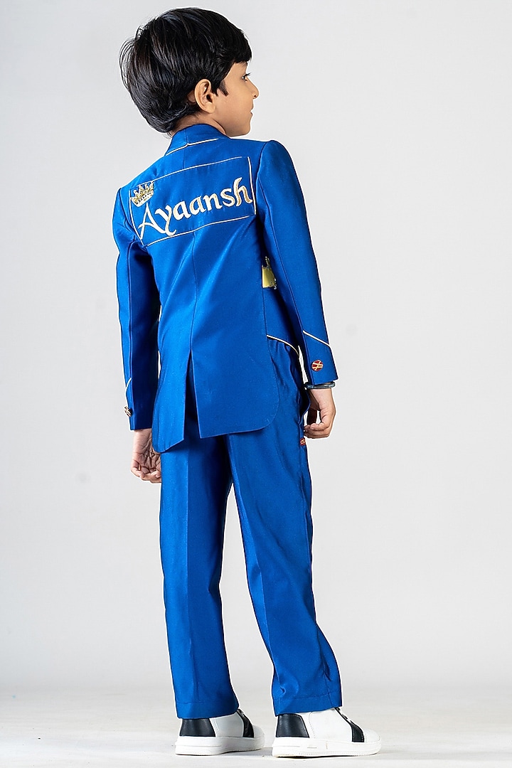 Blue Luxury Suiting Fabric Printed & Embroidered Blazer Set For Boys by BAYA COUTURE at Pernia's Pop Up Shop