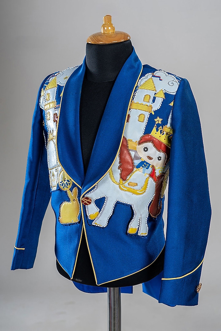 Blue Luxury Suiting Fabric Printed & Embroidered Blazer Set For Boys by BAYA COUTURE at Pernia's Pop Up Shop