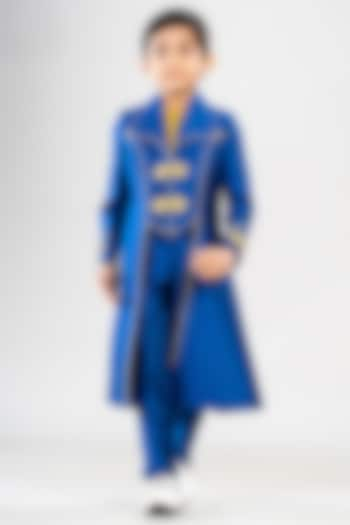 Blue Premium Cotton Suiting Embroidered High-Low Coat Set For Boys by BAYA COUTURE at Pernia's Pop Up Shop