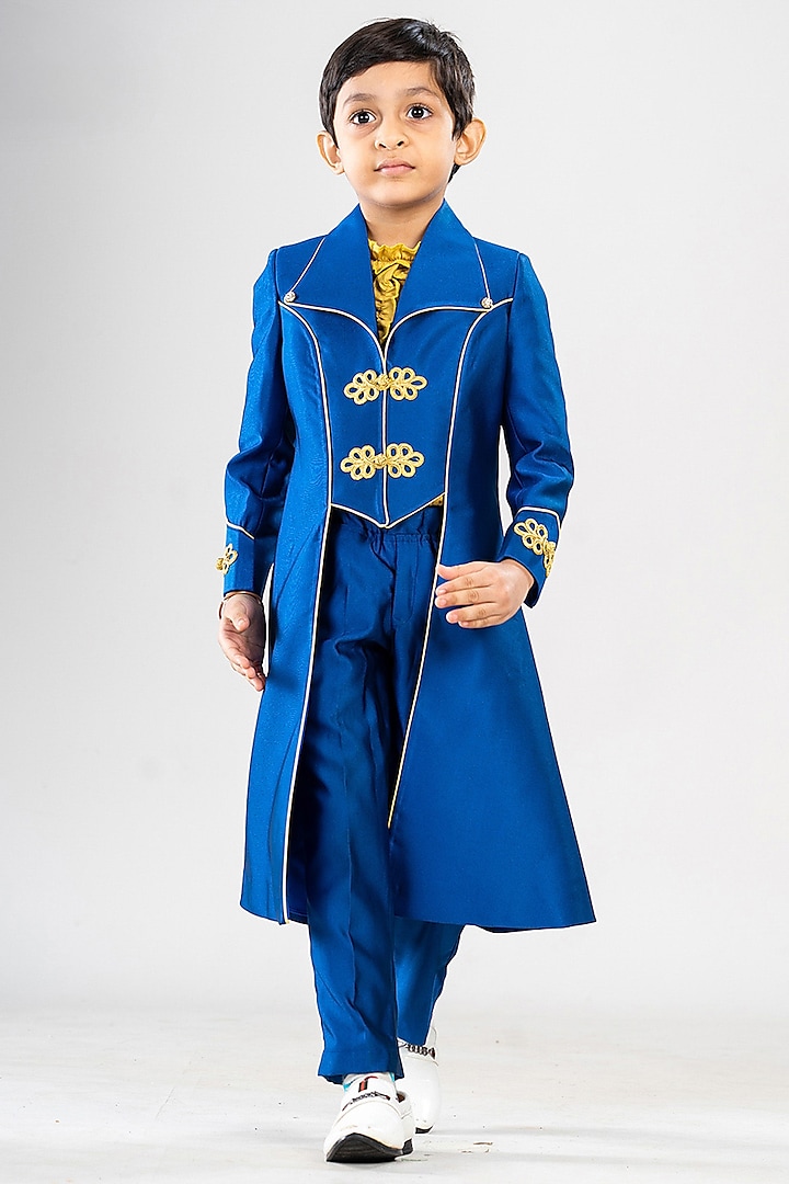 Blue Premium Cotton Suiting Embroidered High-Low Coat Set For Boys by BAYA COUTURE at Pernia's Pop Up Shop