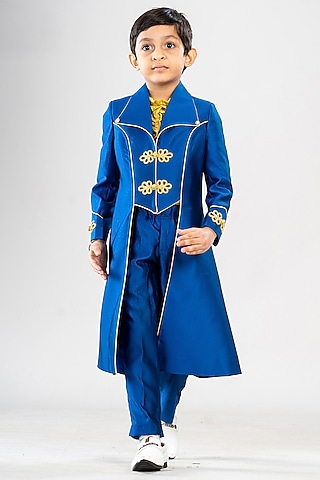 Blue Premium Cotton Suiting Embroidered High-Low Coat Set For Boys by BAYA COUTURE