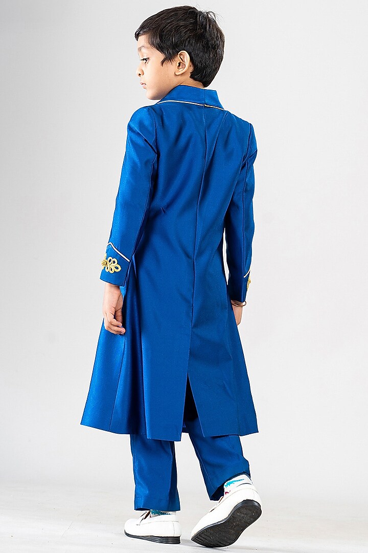 Blue Premium Cotton Suiting Embroidered High-Low Coat Set For Boys by BAYA COUTURE at Pernia's Pop Up Shop